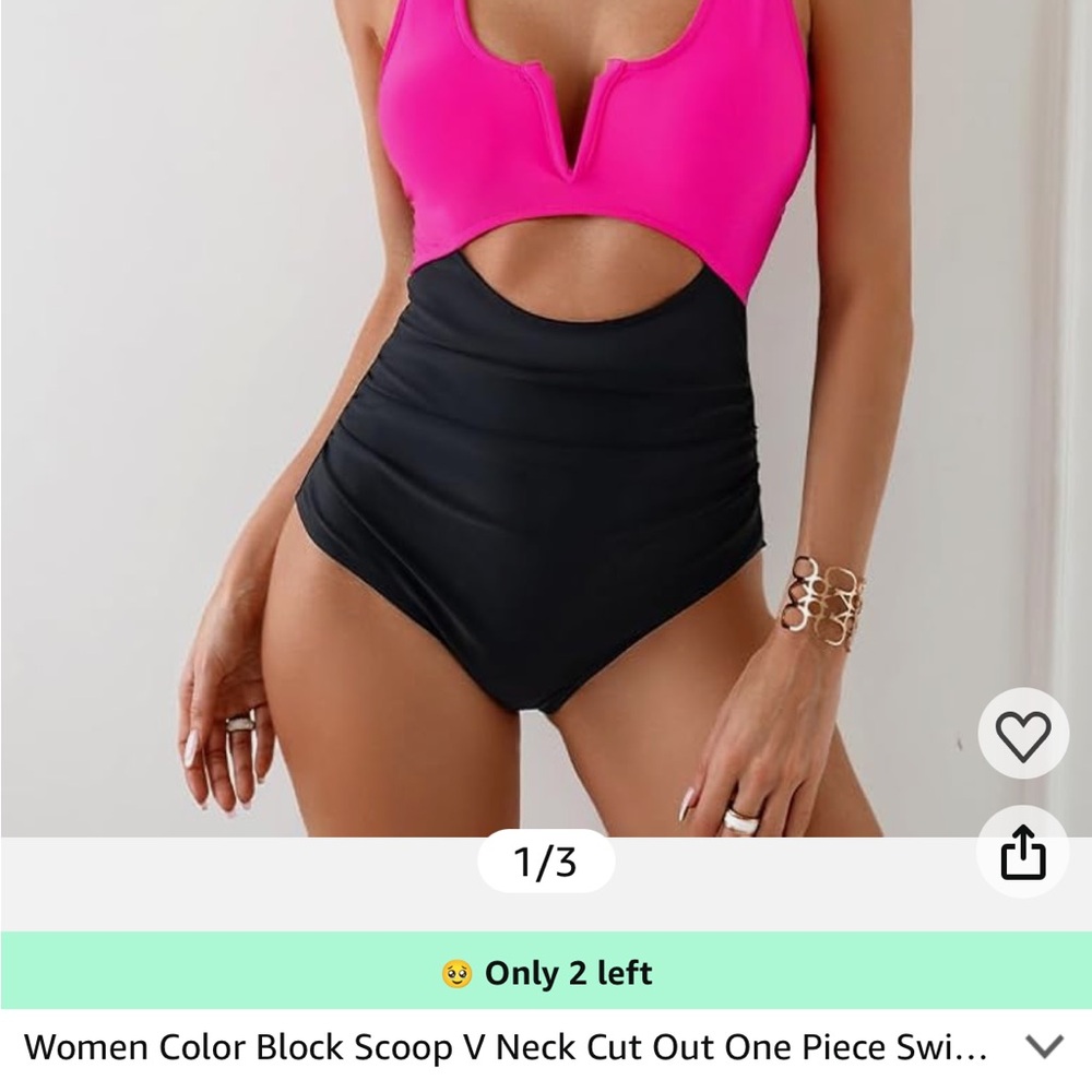 Pink and Black V Neck Cut Out One Piece Swimsuit